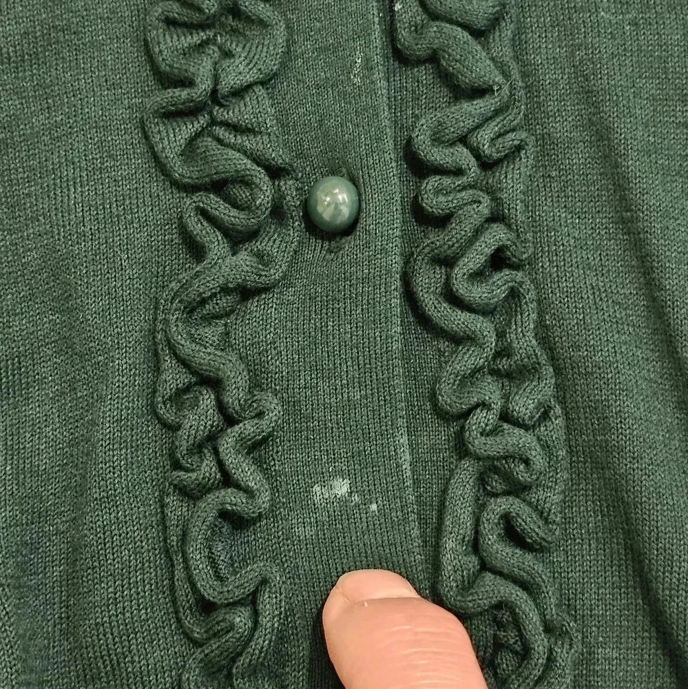 TALBOTS Forest Green Ruffle Trim Button Cardigan Petite 1X Classic Layering VTG - Picture 5 of 7